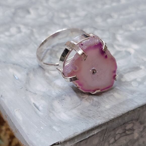 Pink Agate Slice Statement Rings, Gemstone Sterling Silver Ring, Size 7.5 - Picture 5 of 10